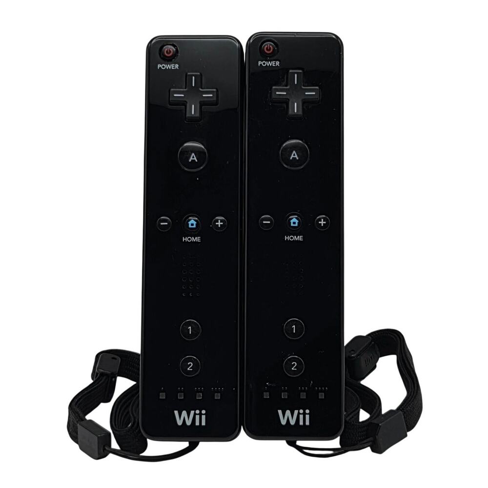 Nintendo Wii Black Remote RVL-003 Lot Of 2 Power Tested With Wrist Straps VG
